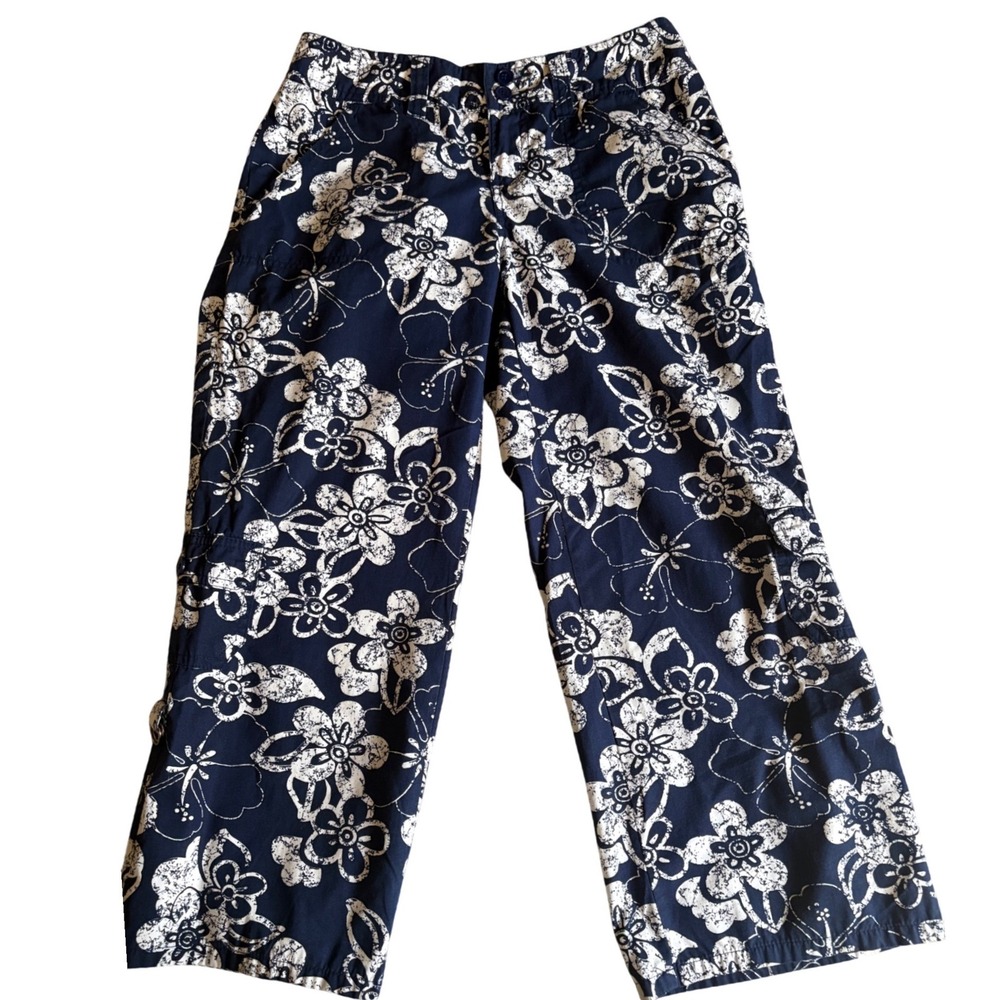 SO Navy Blue White Floral Cotton Capri Pants Size 1 Hibiscus Print Straight Leg